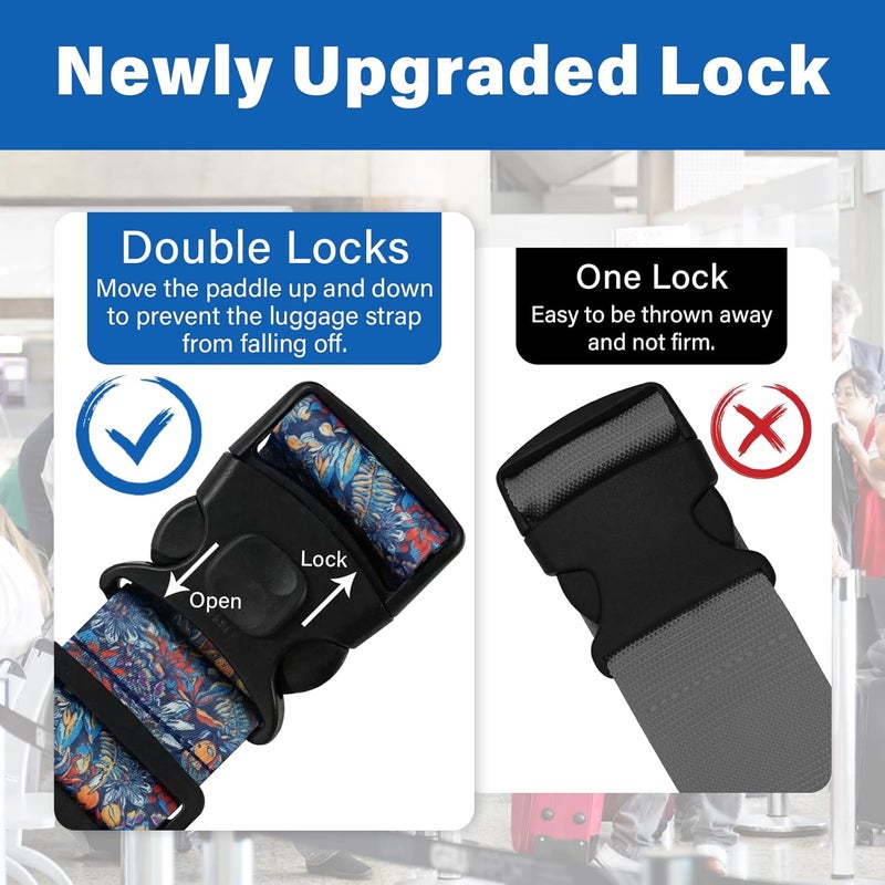 ZHOMA Luggage Straps for Suitcases, Travel Adjustable Belt with Quick Release Buckle, Heavy Duty Nylon Bag Packing Strap, Unique Bright Identifiers Business Travel Accessories (2 Pack) - Blue Flowers - Image 3